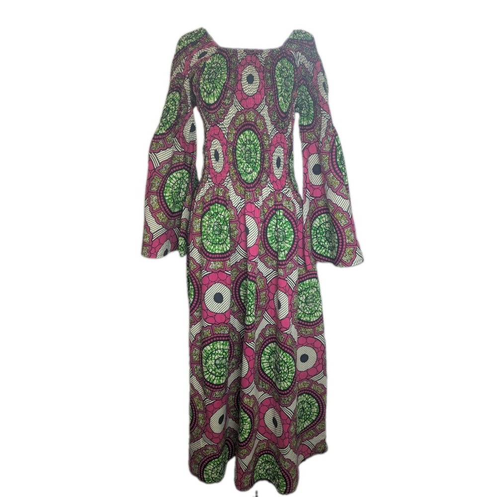 Vintage African Wax Print Smocked Maxi Dress Women's M Pink Bell Sleeve Boho